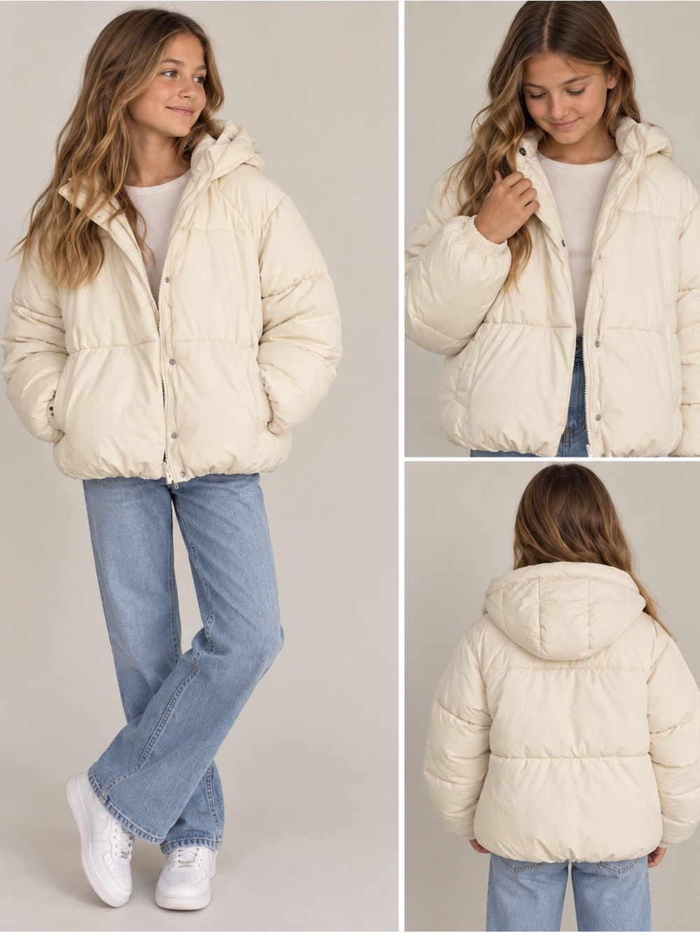 Zara Girls Ivory Puffer Jacket 11-12 Hooded Winter Coat Oversized Cream